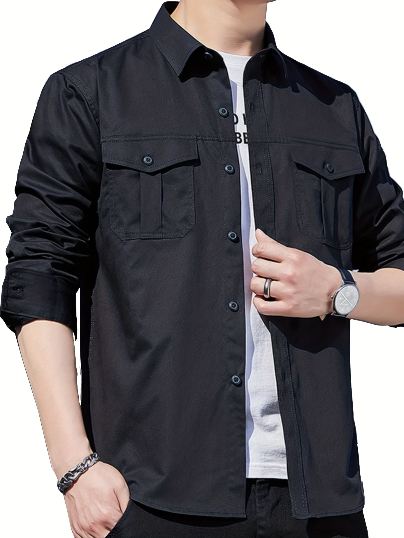 Men's Solid Cargo Shirts With Multi Pockets, Casual Lapel Button