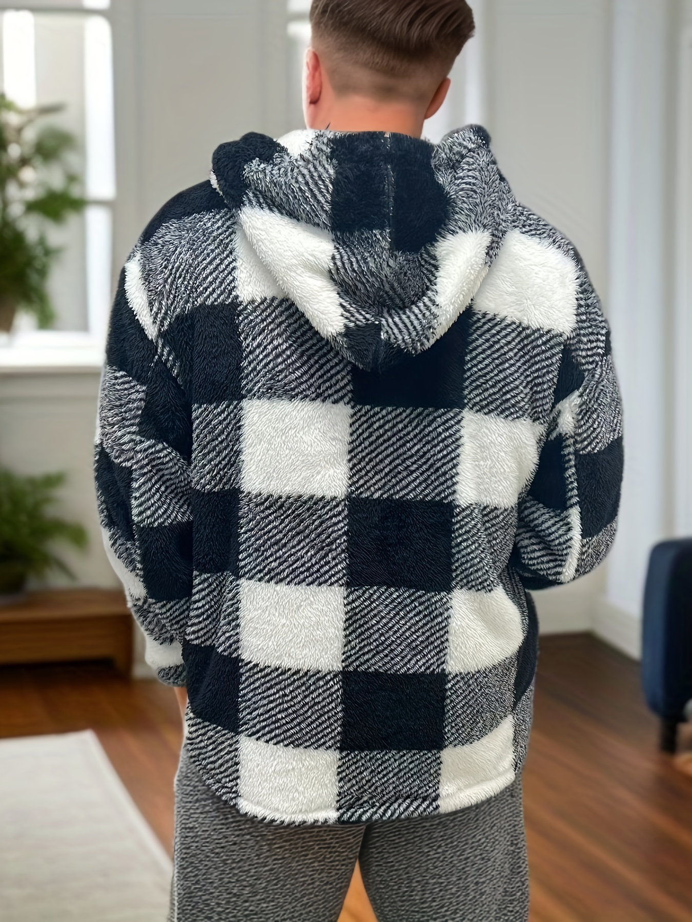 Men's Plus Size Cotton Plaid Warm Fleece Drawstring Hooded - Temu