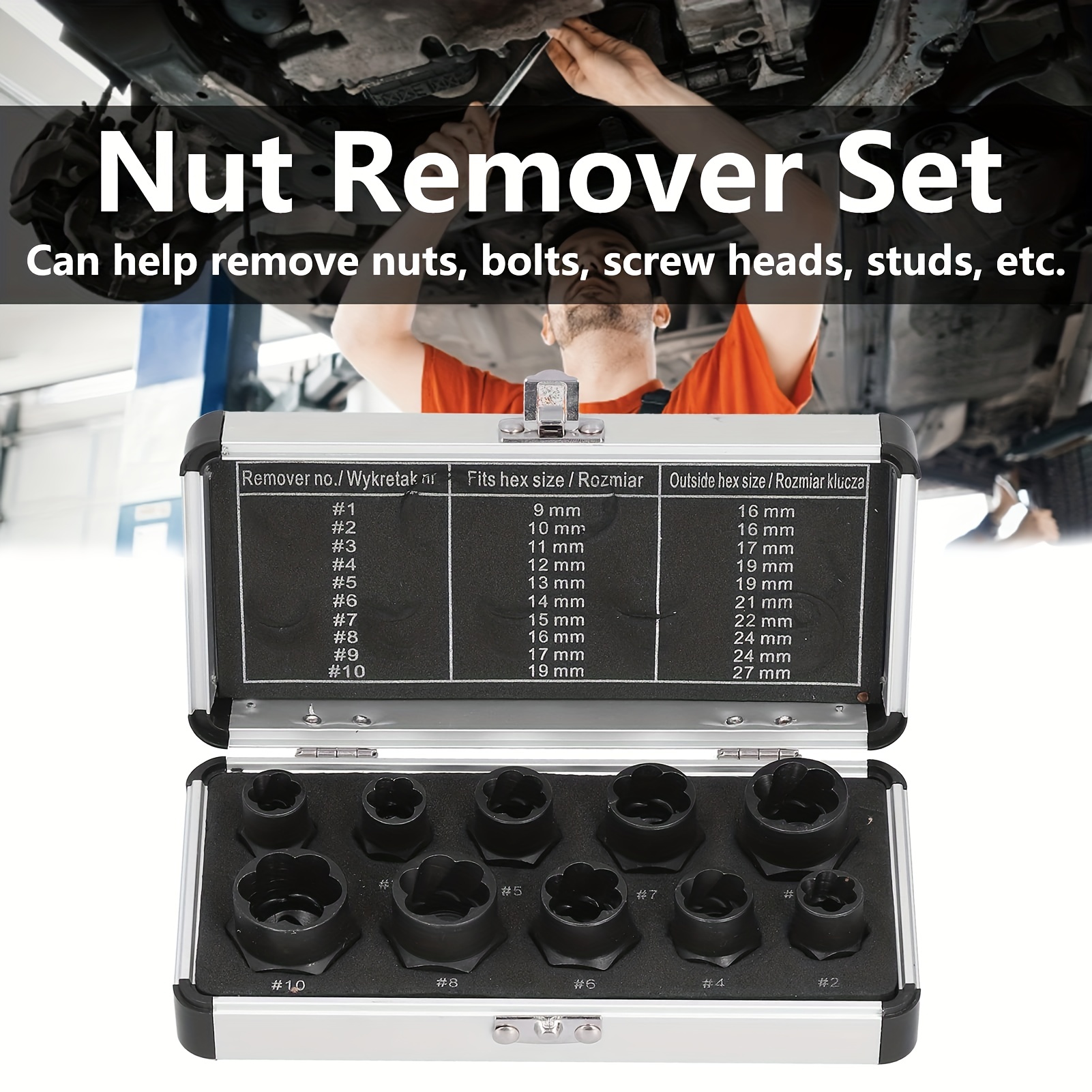 

10pcs Bolt & Nut Remover Set - Extractor Expansion Set For Damaged & Stripped Socket Wrench - 9-19mm Hex Nut & Bolt Extractor With Aluminum Storage Case