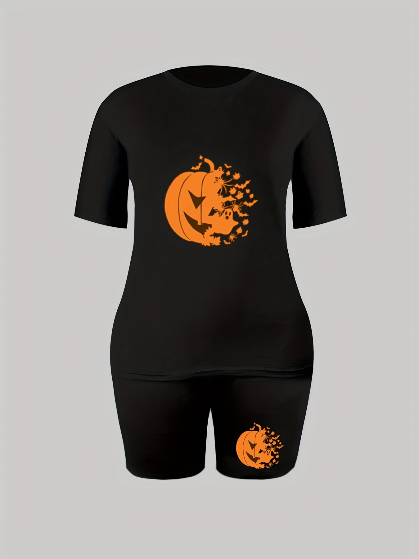 Halloween Pumpkin Print 2pc Set Tee & Biker Shorts Outfit