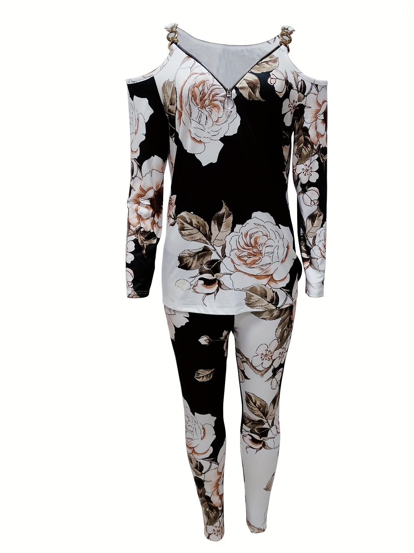 Floral Print 2pc Set Cold Shoulder Tops & Leggings Outfit
