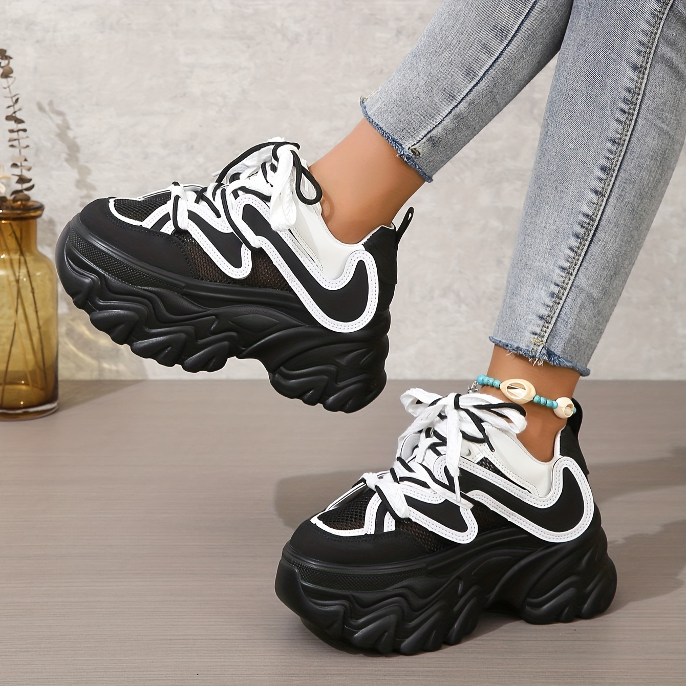 Women s Trendy Chunky Sneakers Breathable Mesh Heightening Lace Up Trainers Fashion Low Top Platform Shoes