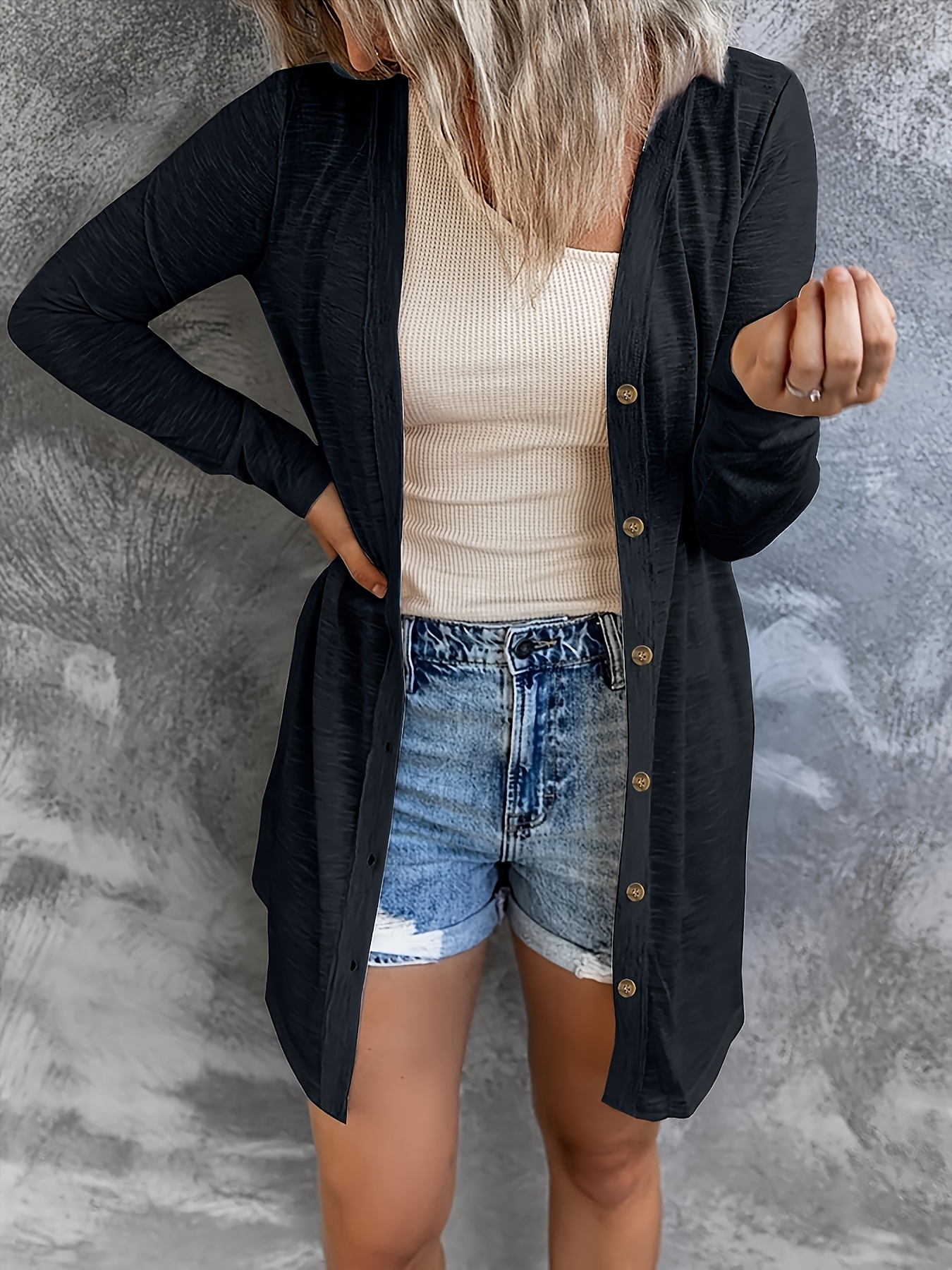 Women's Plus Size Casual Cardigan, Solid Button Up Long Sleeve Cardigan
