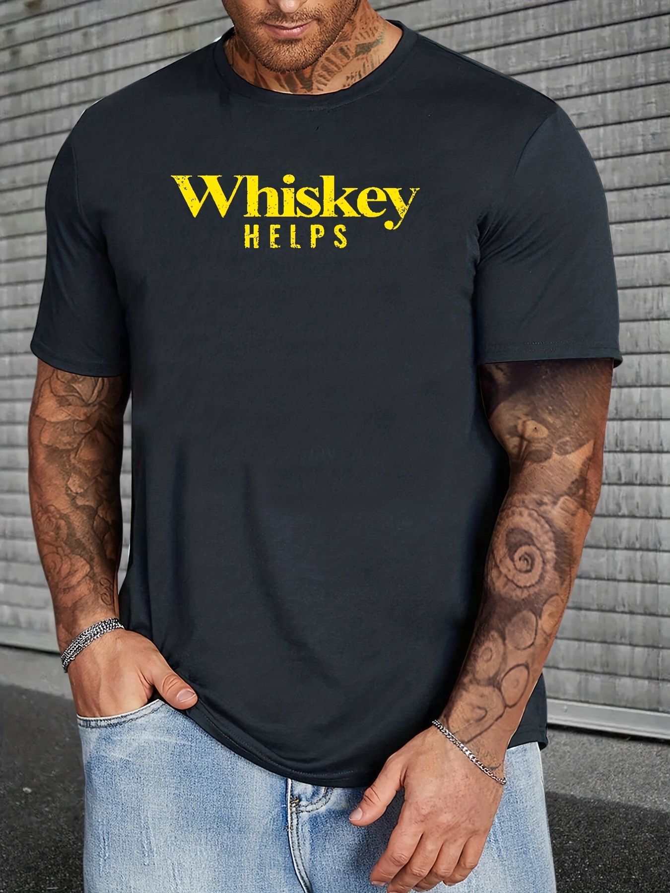 Whiskey Helps Impresión Camiseta Manga Larga Hombres - Temu