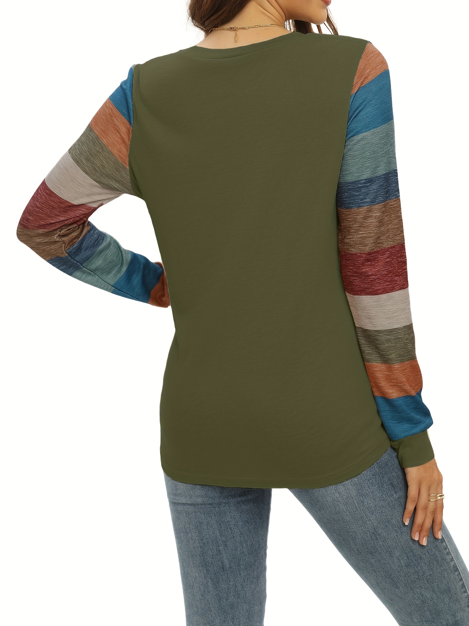 colorblock stripe print v neck t shirt casual button front long sleeve top for spring fall womens clothing army green 1