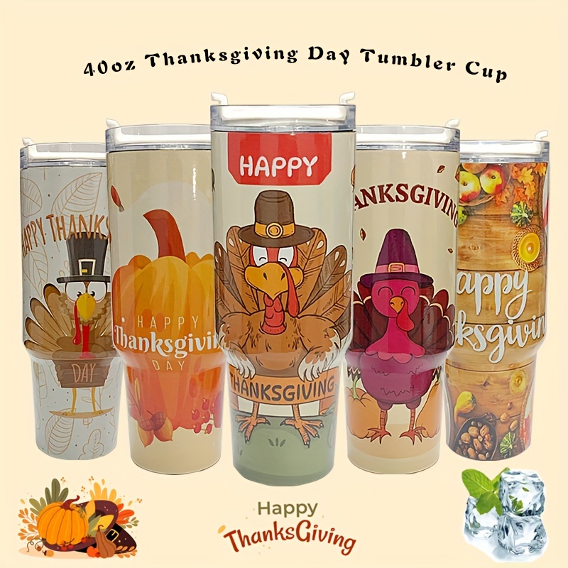 Thanksgiving Day Tumbler Cup With Handle And Straw Lid, Double