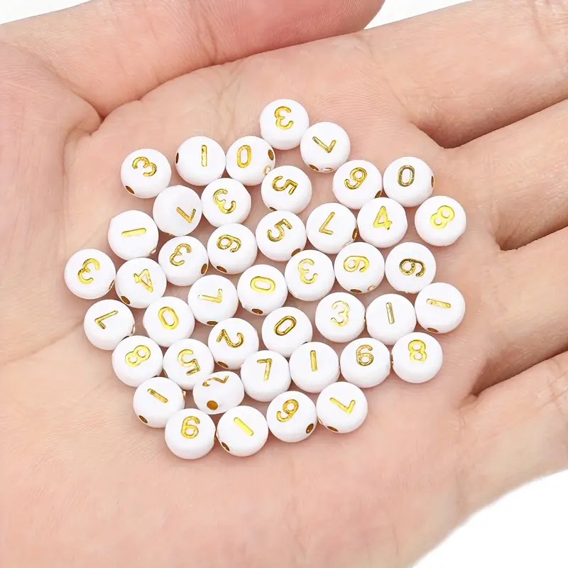 Yinkin 1000 Pieces Round Acrylic Letter Number Beads Charms Gold Letter  Beads White Alphabet Beads 4 x 7 mm Alphabet Figure Beads for Craft DIY