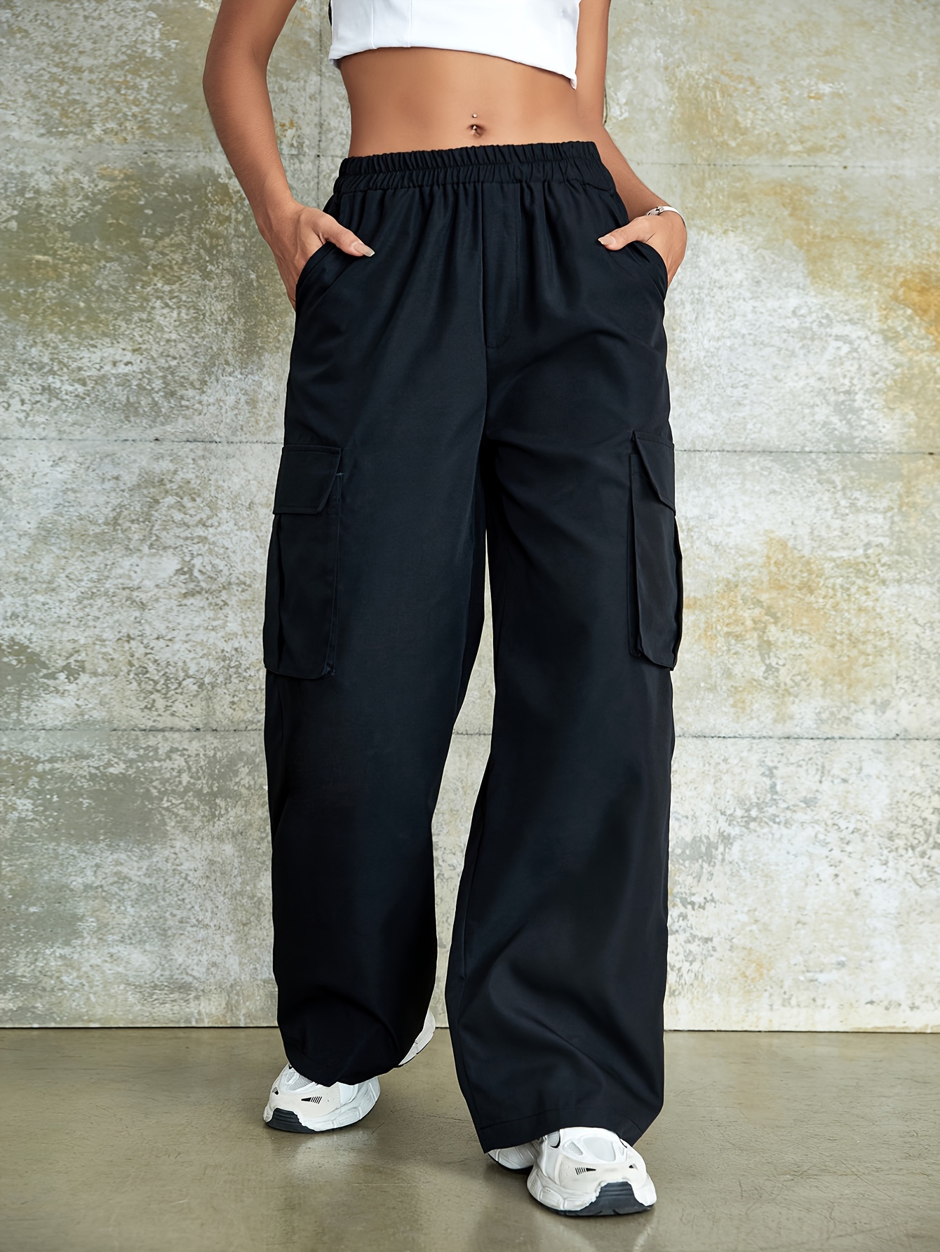 Straight Leg Cargo Pants Y2k Solid High Waist Casual Fashion - Temu