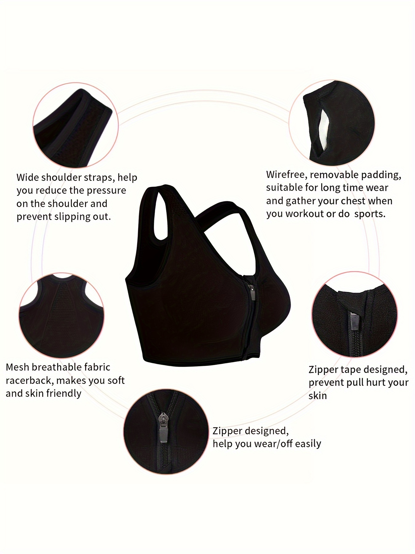 Sports Bra Post Surgery Bra Zip Front Wireless With Removable Pads