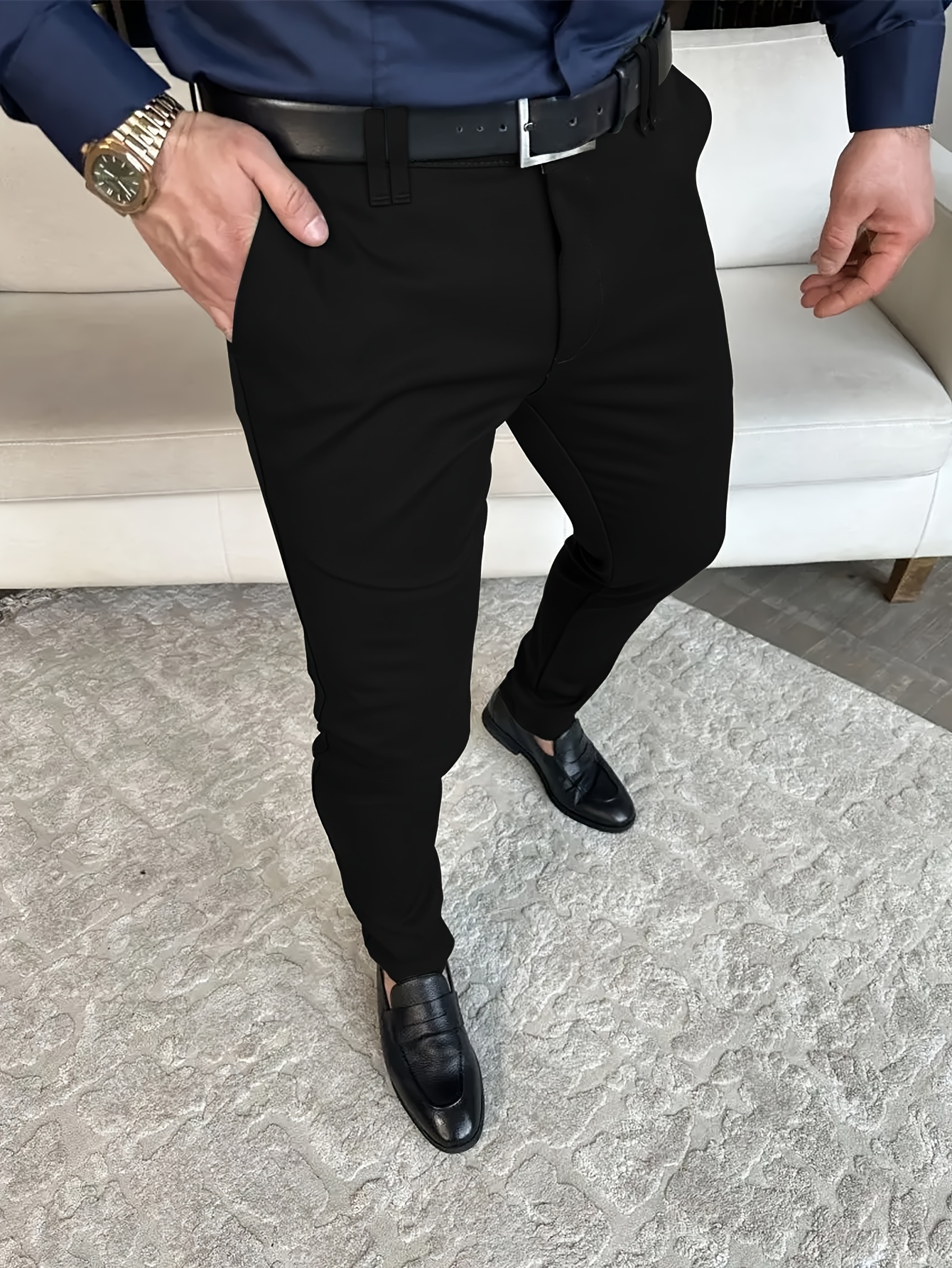Trendy Solid Men's Slim Fit Long Pants Side Zipper Design - Temu
