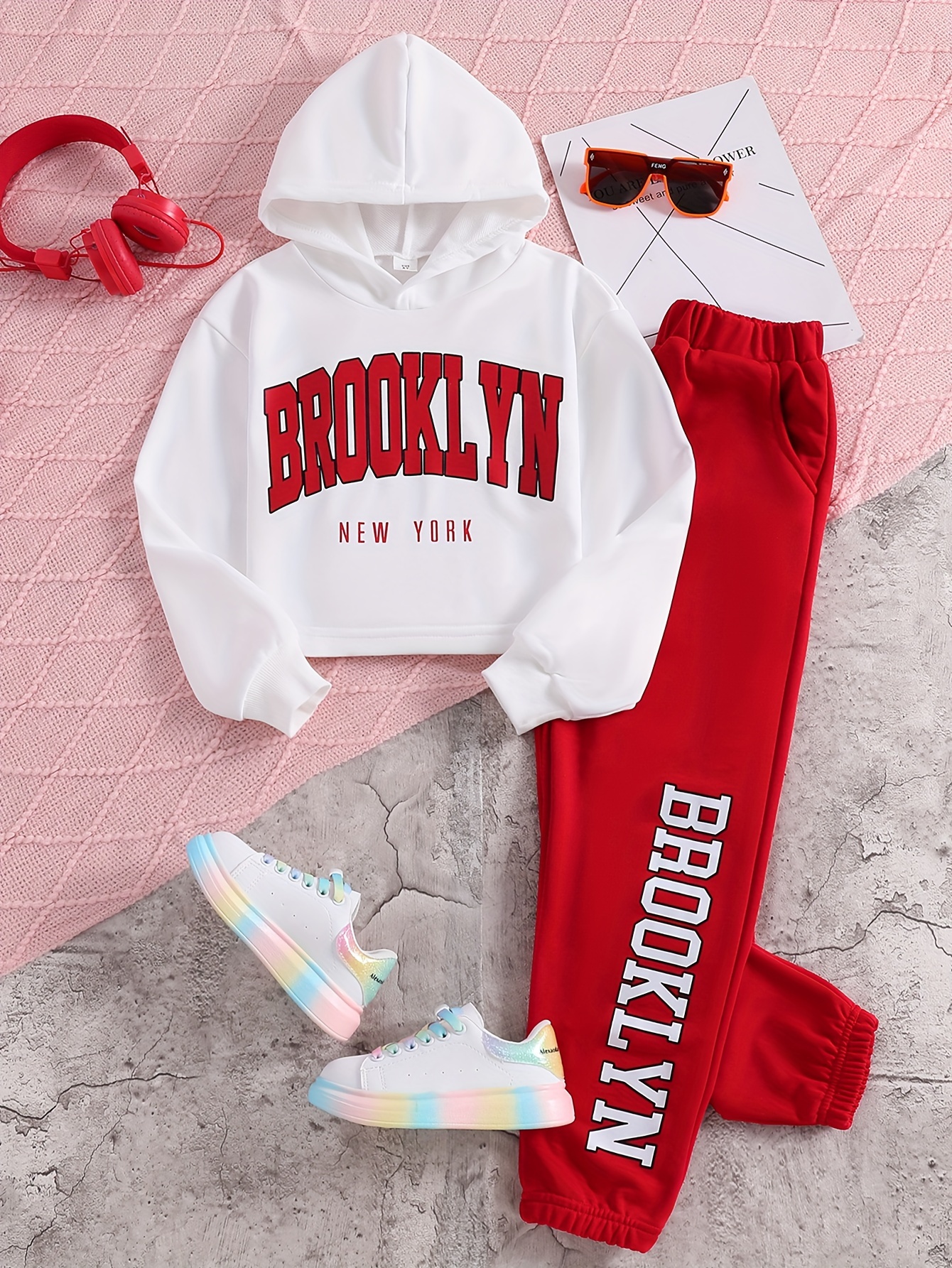Trendy Sports Outfits 2pcs, BROOKLYN Print Hoodies & Jogger Pants Set Kids  Clothes For Girls Spring Fall Sports