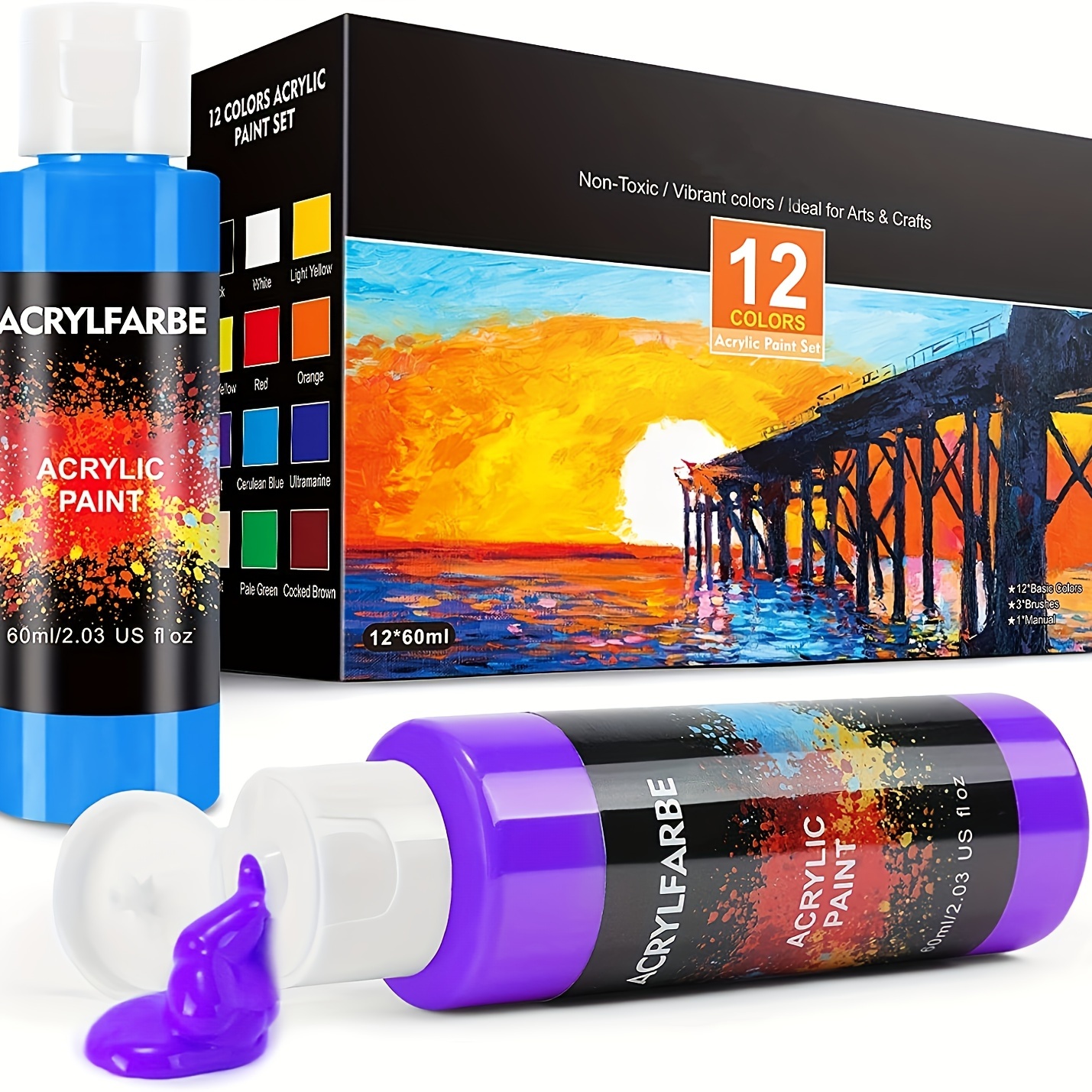 Acrylic Paint Set of 36 Colors 2fl oz 60ml Bottles,Non Toxic 36 Colors  Acrylic Paint No Fading Rich Pigment for Kids Adults Artists Canvas Crafts  Wood Painting