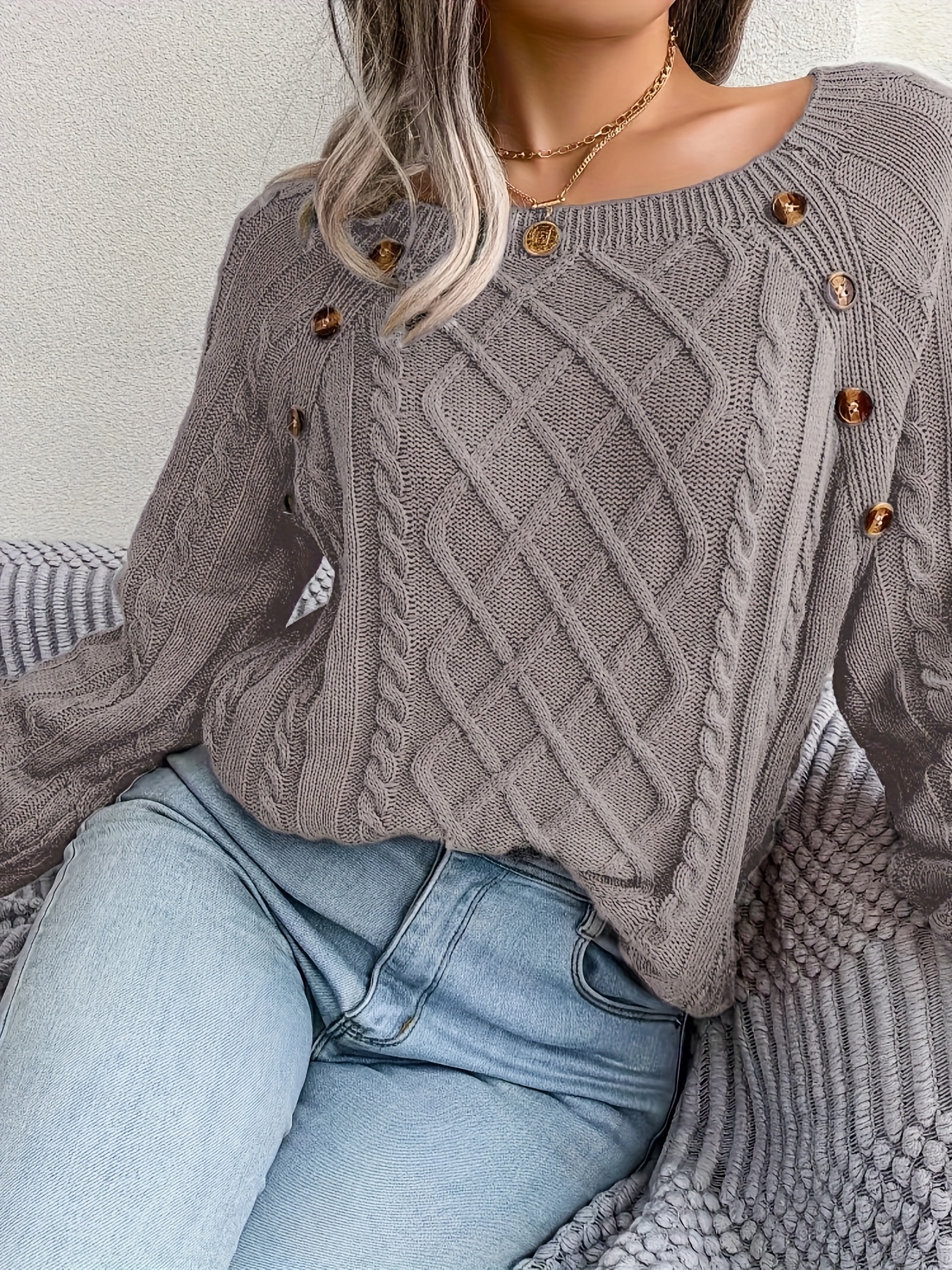 Solid Cable Knit Sweater Casual Crew Neck Long Sleeve - Temu