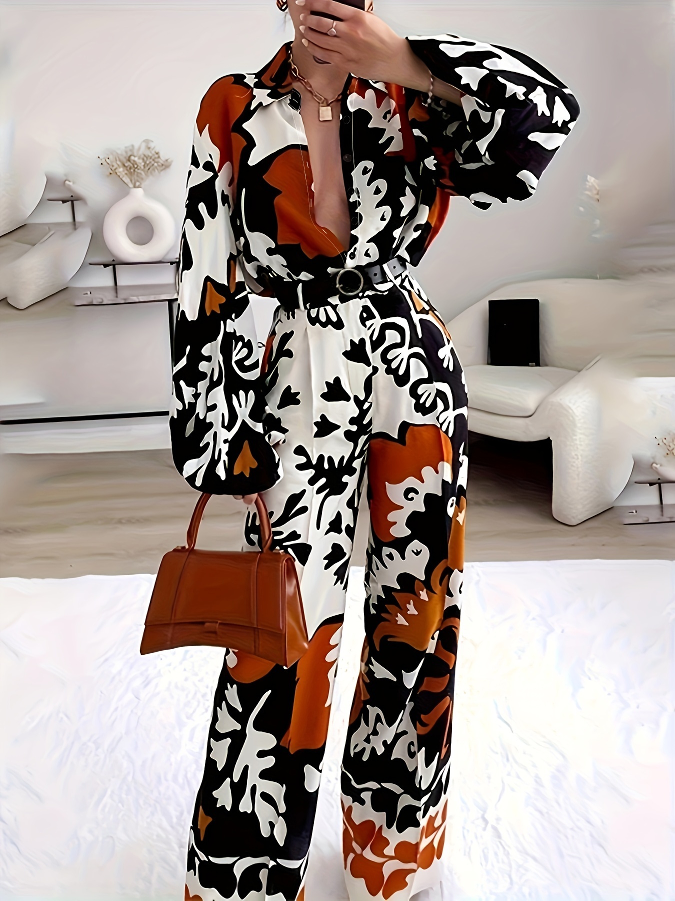 All Over Print Two-piece Set, Collar Lantern Sleeve Blouse & Wide