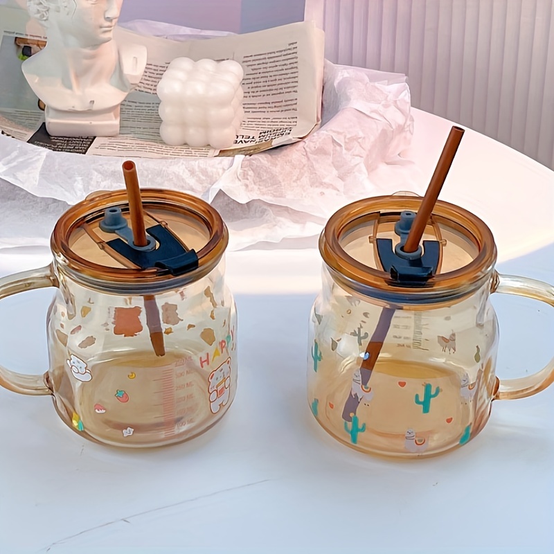 1pc Small Cute Glass Cups With Lid And Straw