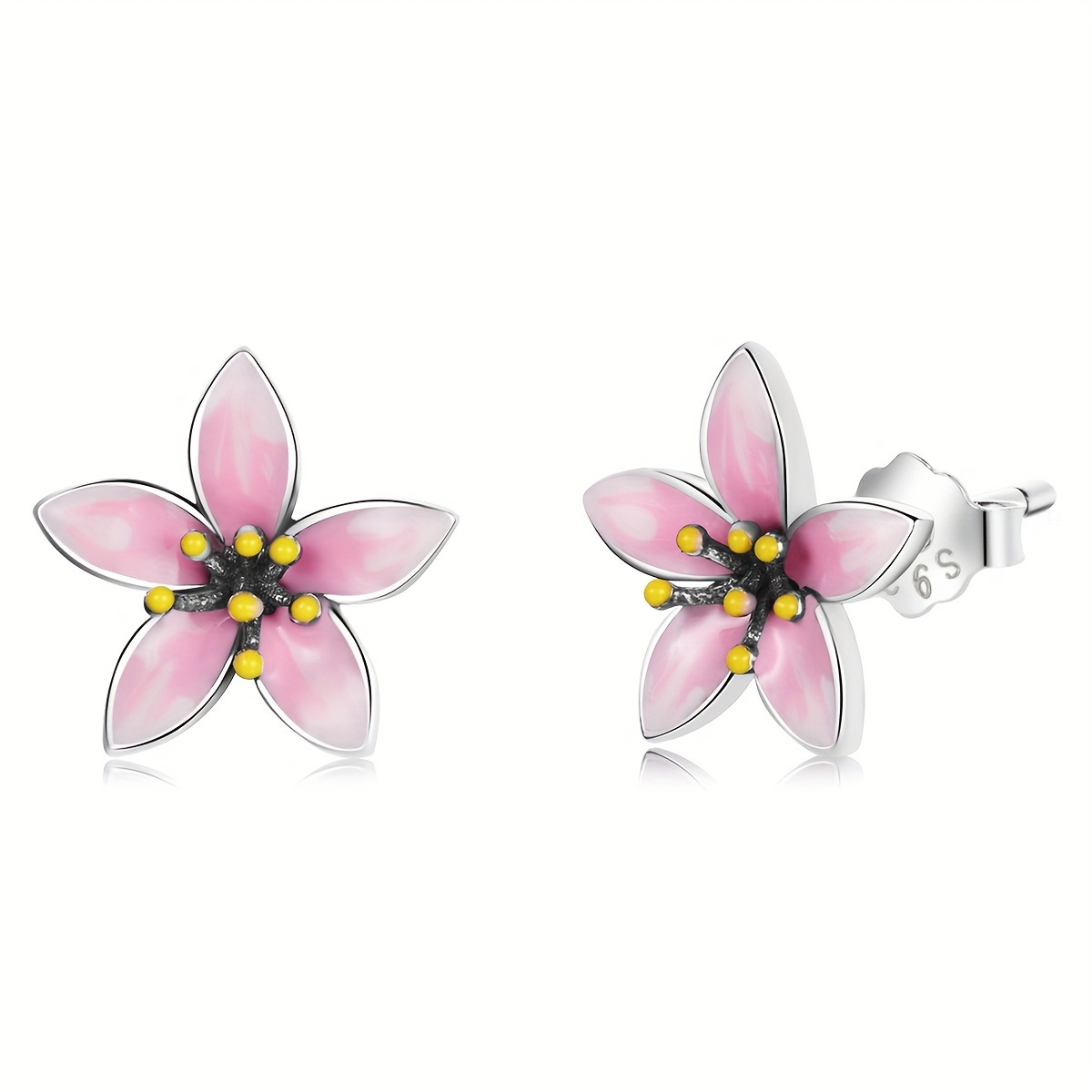 Boucles D'Oreilles Fleur Cerisier Argent 925 - Émail Rose - Hypoallergénique - Cadeau Femme/Fille - Qings