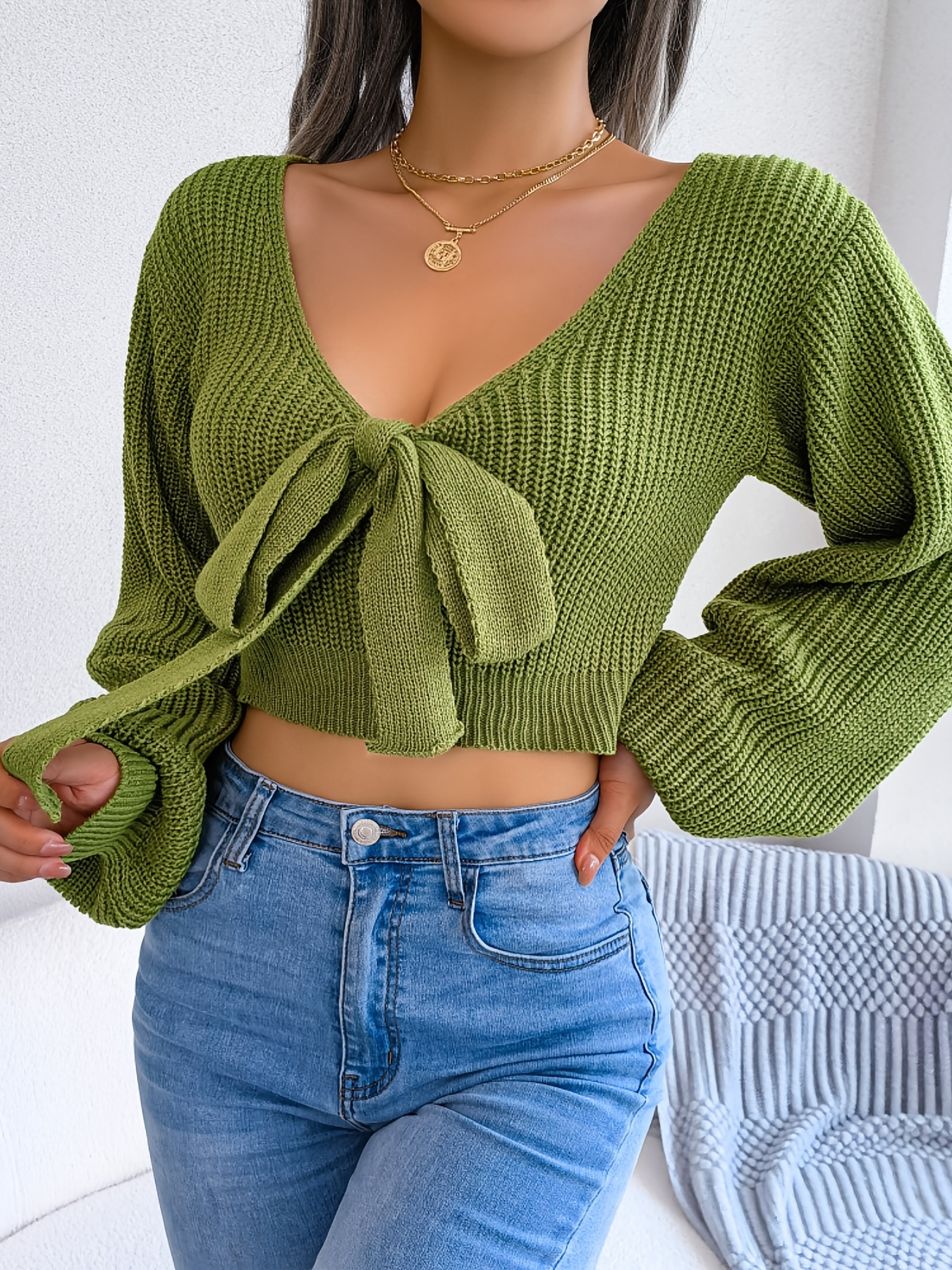 Knit Crop Top for Women Long Lantern Sleeve Sexy Sweetheart Neckline  Sweater Green at  Women's Clothing store