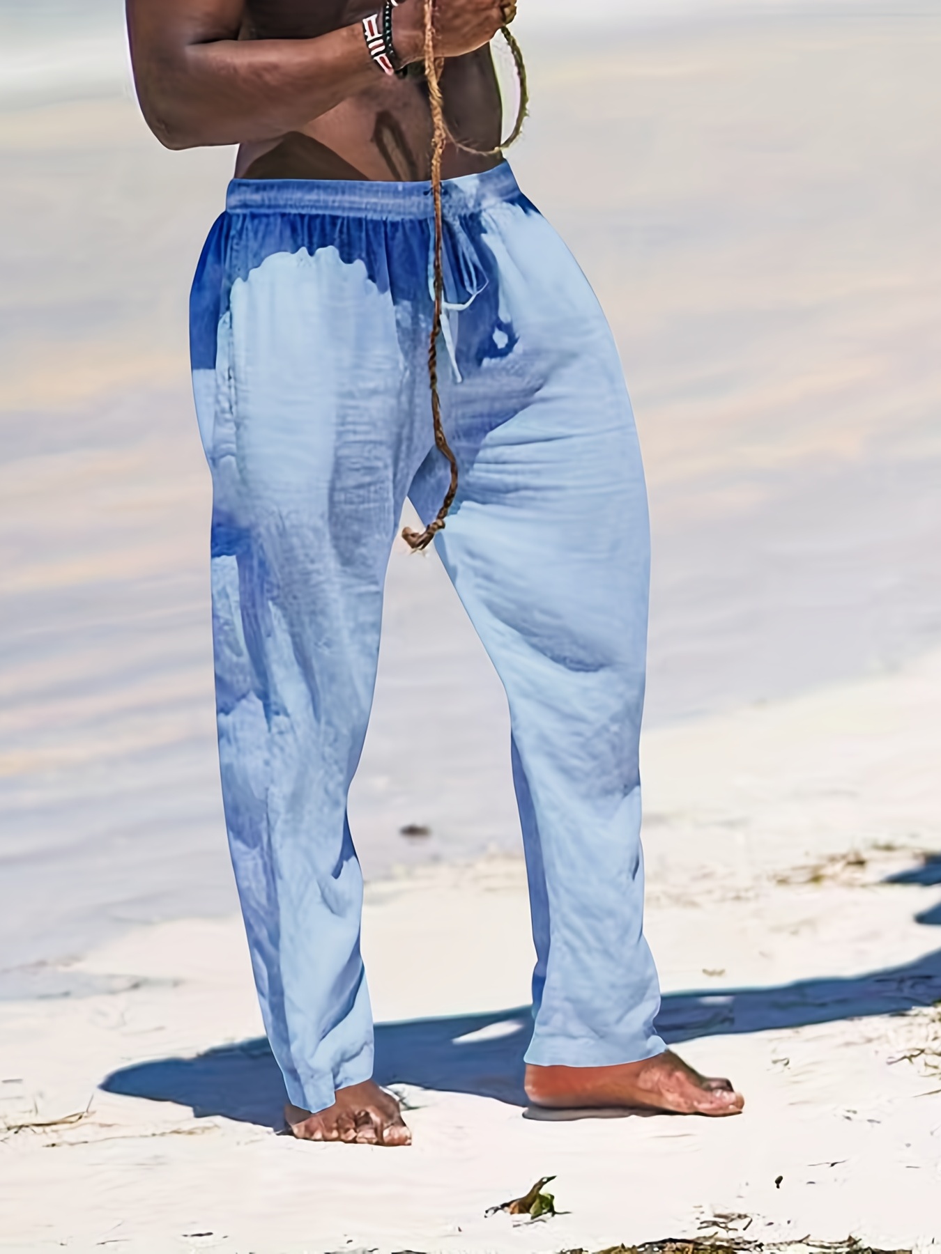Men Cotton-linen Look Baggy Summer Pants Beach Casual Yoga Drawstring  Trousers