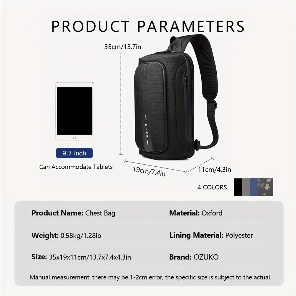 1 шт. Чоловіча сумка-месенджер OZUKO з захистом від крадіжок, з USB-портом для зарядки, водонепроникний, велика ємність, грудна сумка з антиподряпинним покриттям