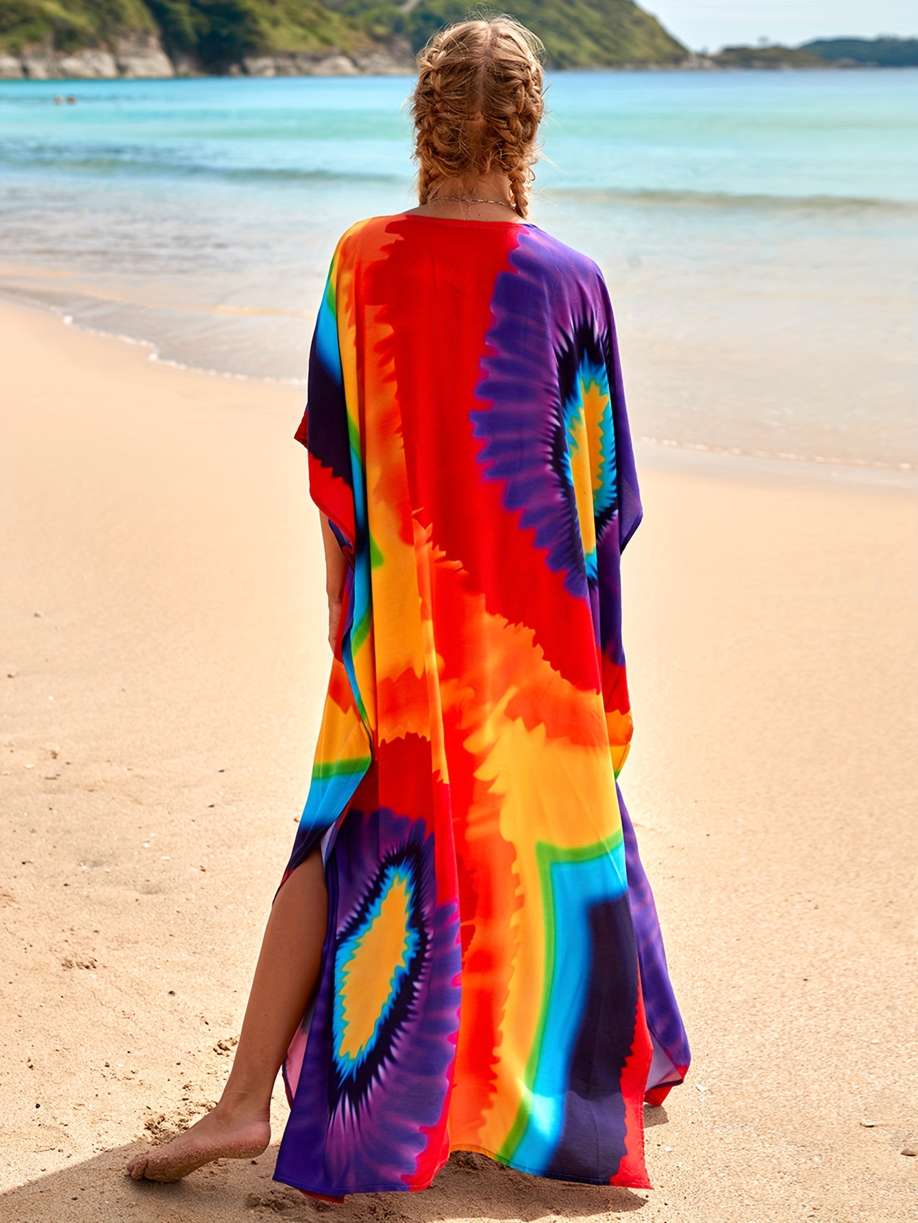 Tie Dye Loose-fitting Long Cover Up With Side Slit Hem House Dress