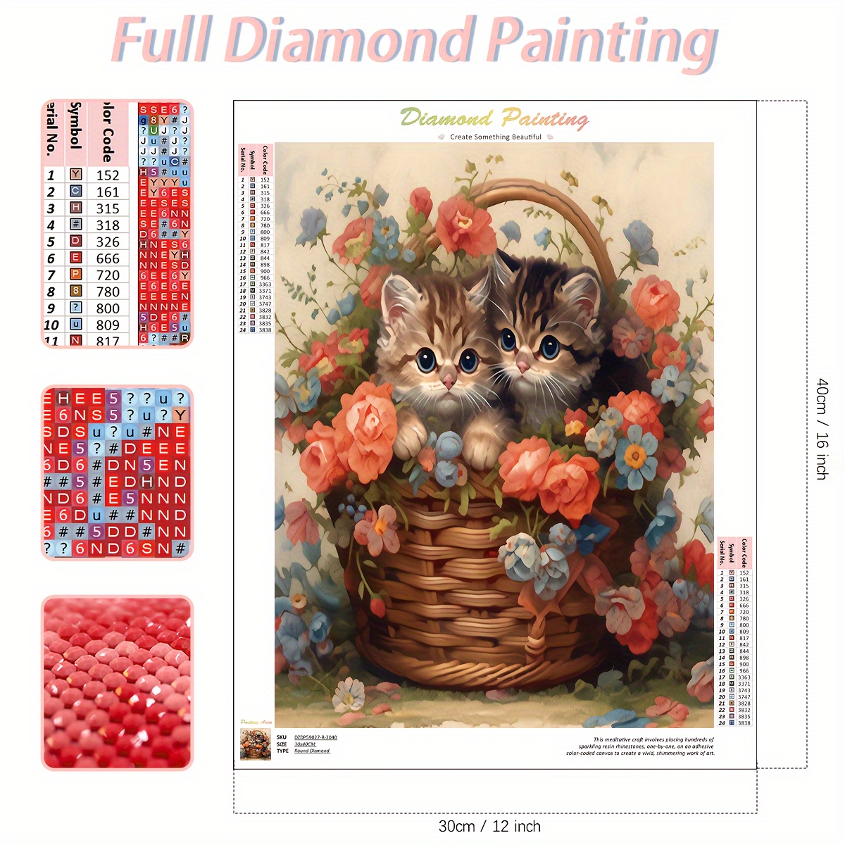 1pc DIY Painting Kit, Two Cats In The Flower Basket For Adults Round Full  5D Diamond Art For Home Wall Decor Gifts 30x40cm/12x16inch Without Frame