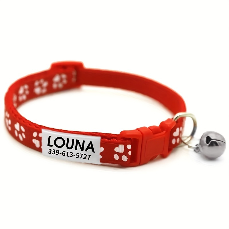 TEMU [custom Product] Adjustable Personalized Colorful Collar For Dogs And Cats With Paw Print Design, Cat Id Tags - Stylish And Safe Customized Pet