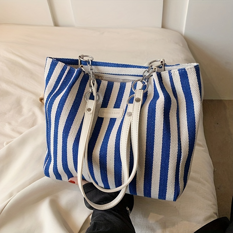 Stripe Large Beach Shopper Bag Canvas Shoulder Bags Blue