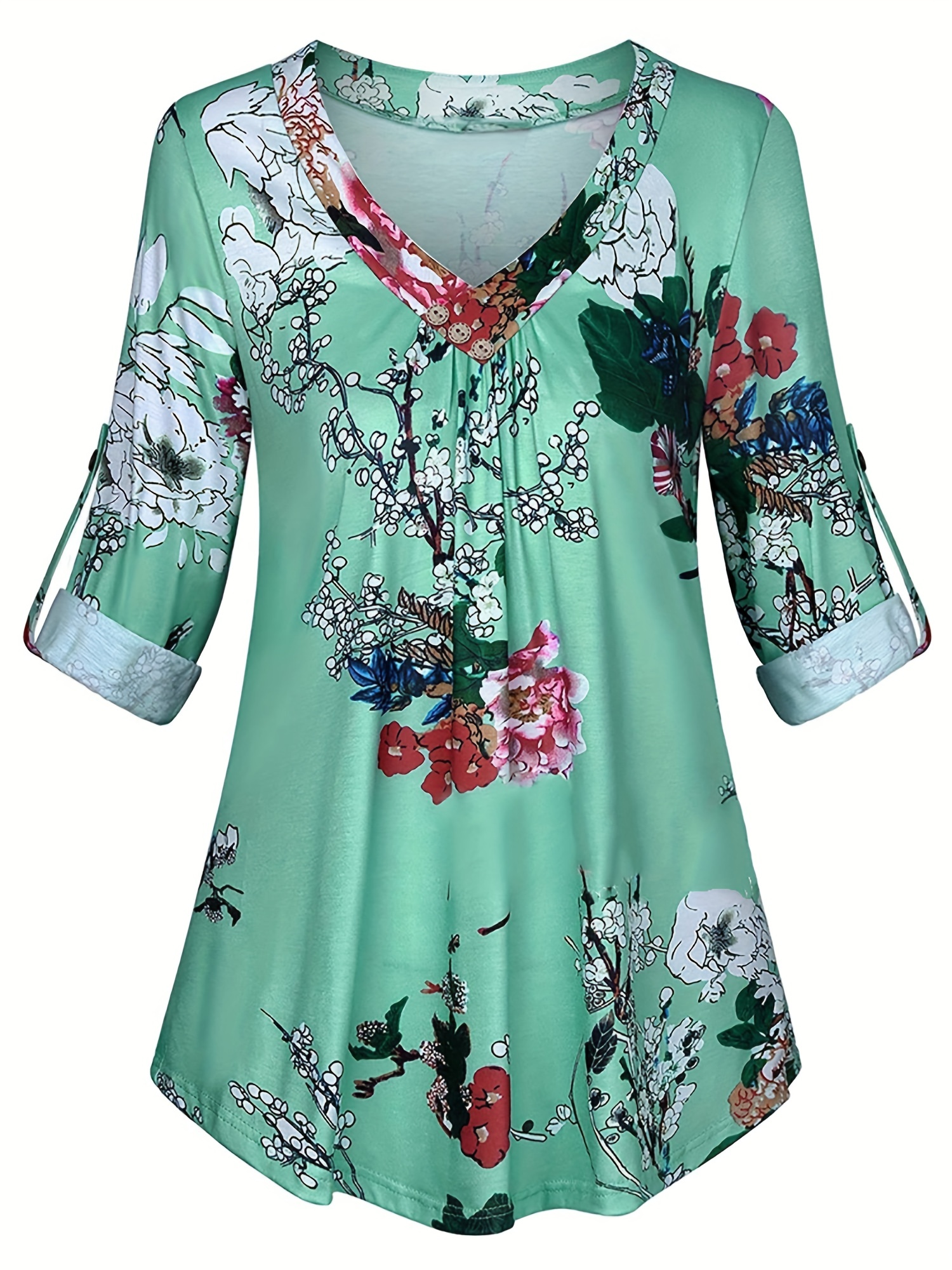 Romose Women's Floral V-Neck Tunic Top - Long Sleeve Cotton Blend Shirt, Casual Summer & Spring Blouse