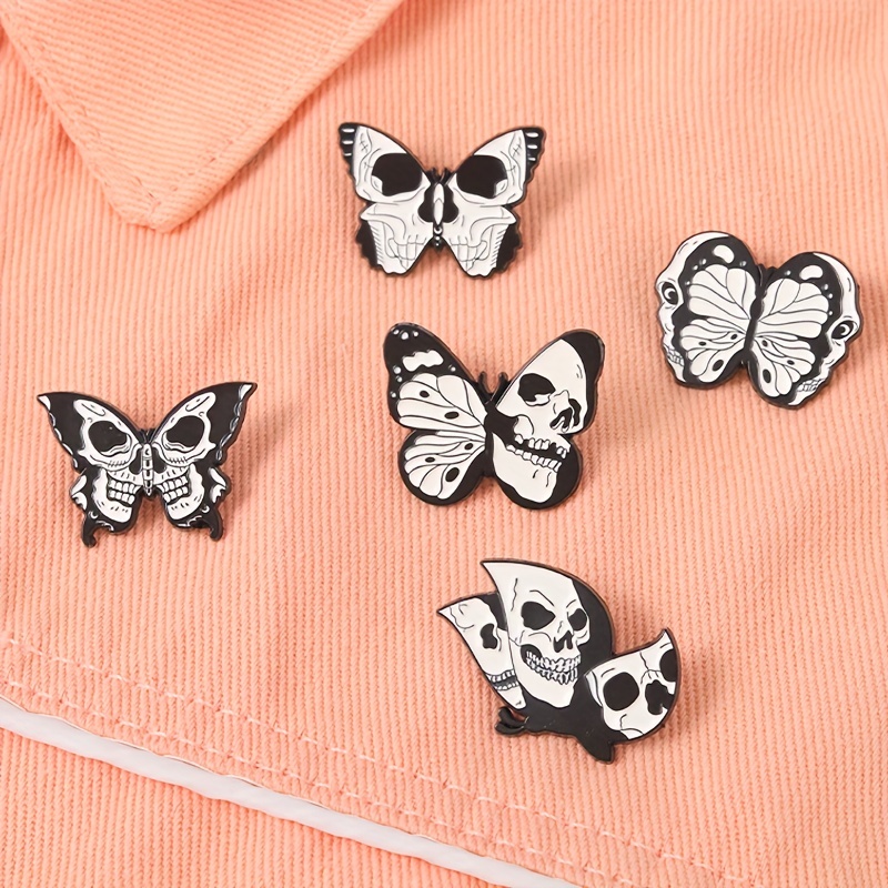 Pink Gothic Punk Enamel Pins Skeleton Butterfly Brooch Lapel