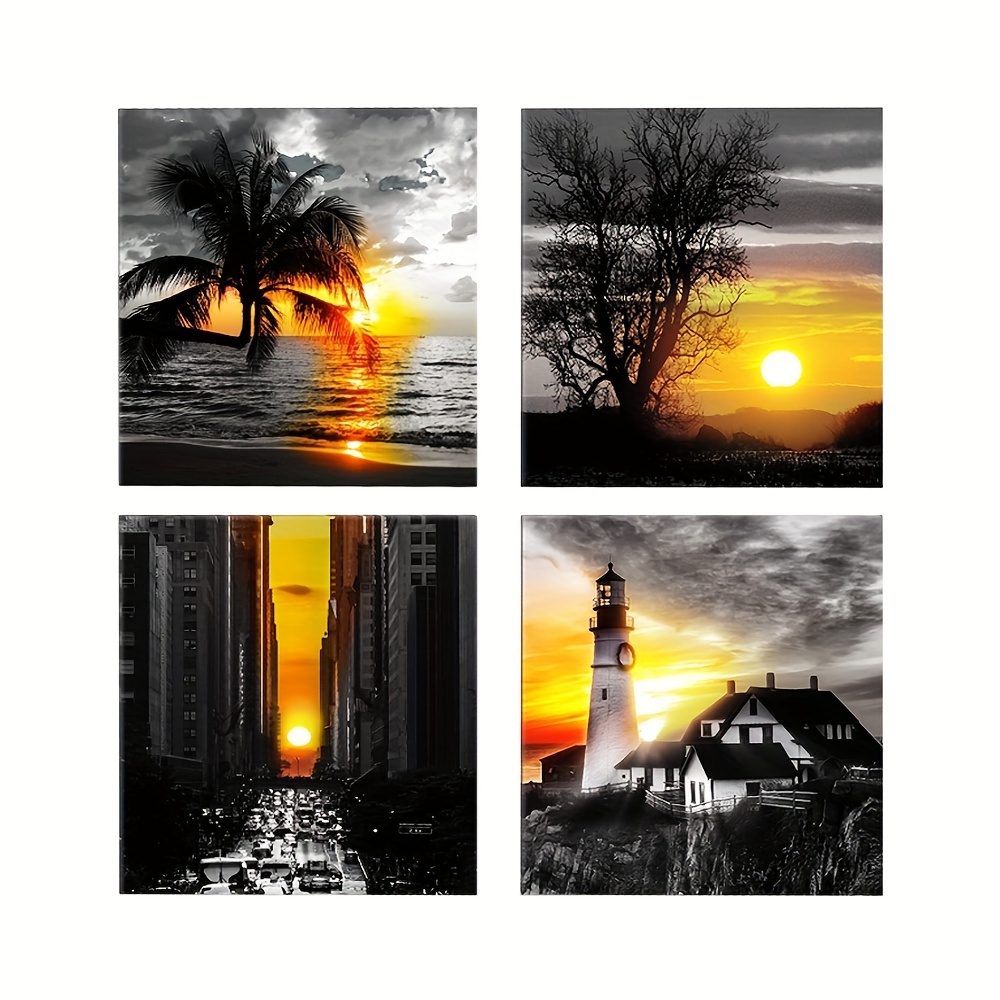 4pcs Palm Tree Wall Art Noir Et Blanc Coucher De Soleil Tropical