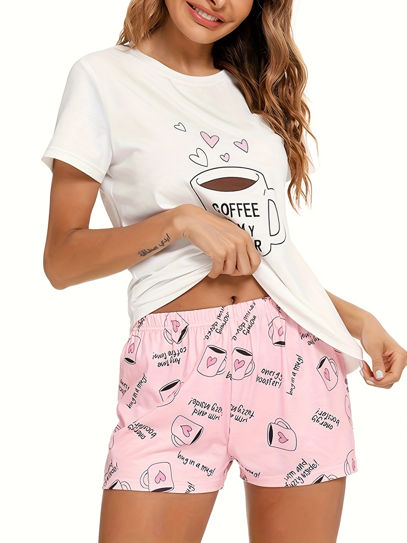 Coffee Letter Pattern Lounge Set, Casual & Comfy Short Sleeve Top & Elastic  Long Pants, Women's Sleepwear & Loungewear