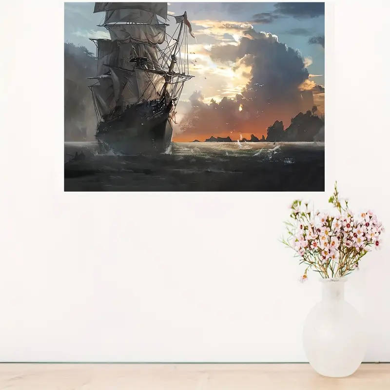 Pirate Ship Decor Wall Art Viking Sailboat In Sea Canvas Art - Temu