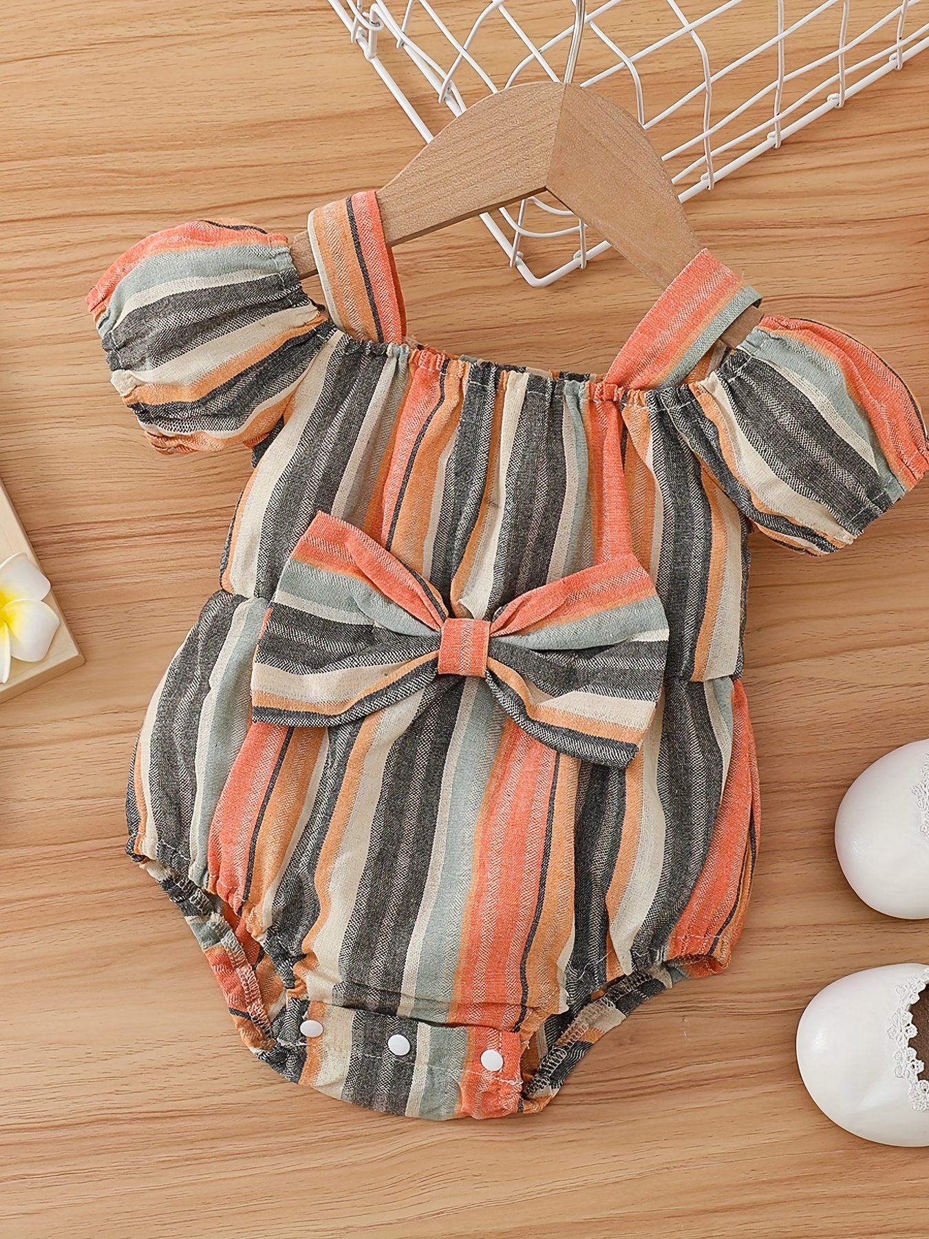 Baby Girls Casual Striped Bowknot Thin Strap Onesie Clothes Temu