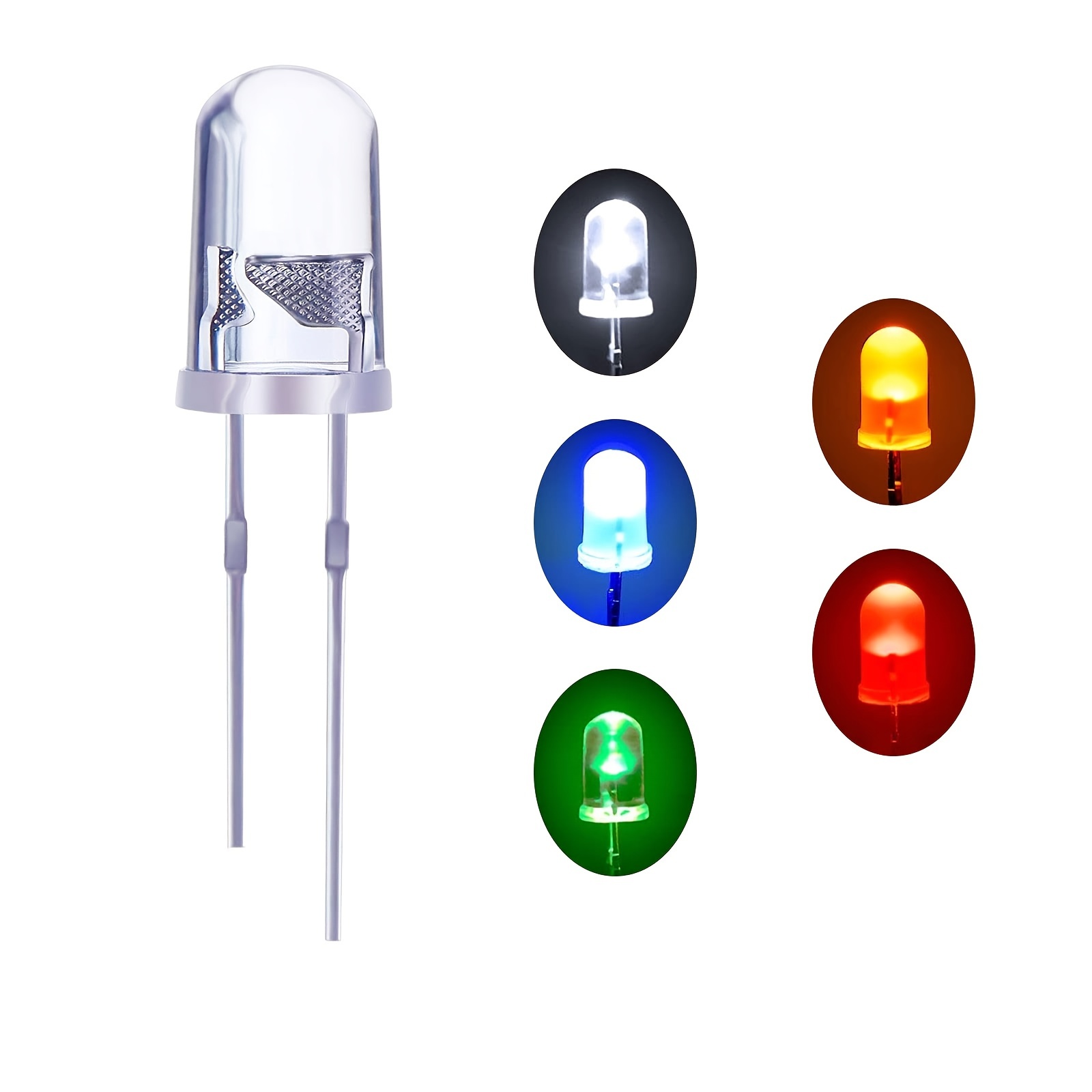 100pcs 3mm 5mm LED Light Emitting Diodes Commonly Used Diodes 2 Pins Yellow  Blue Green White Red (5 Colors, 20pcs Each)
