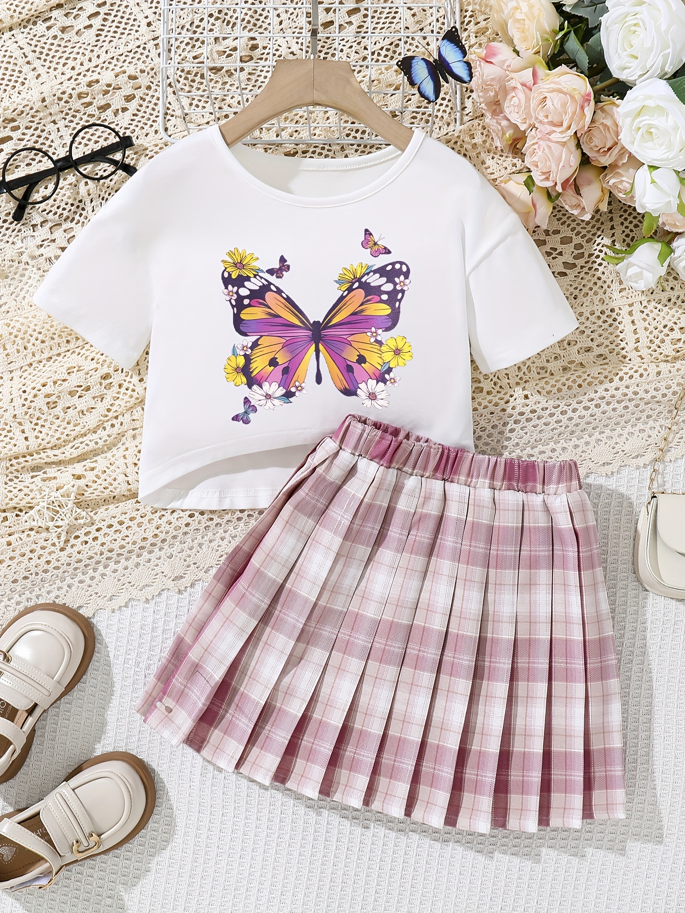 Preppy Style 2pcs Girls Butterfly Print Pullover + Solid Pleated Skirt Kids  Clothes Gift Halloween