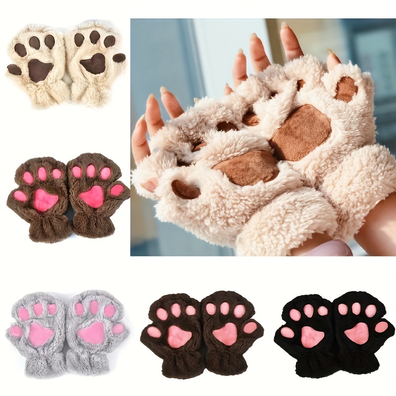 Cute Cat Claw Plush Gloves Stylish Thick Warm Half Finger Gloves Autumn Winter Soft Cozy Fuzzy Gloves details 0