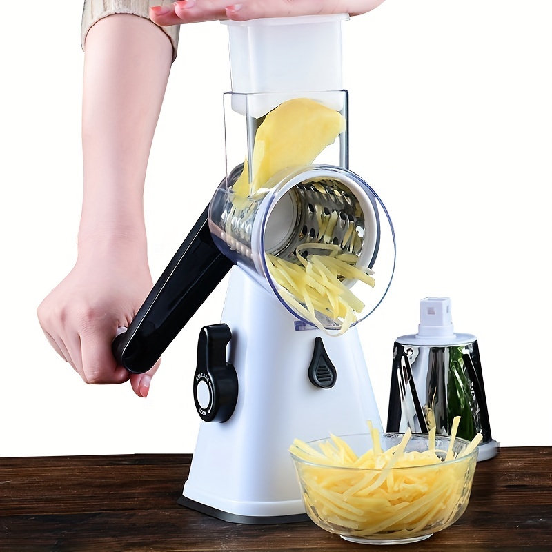 Kitchen Manual Rotary Cheese Grater with Handle - Round Cheese Shredder  Grater with 3 Interchangeable Stainless Steel Blades - Easy to Use Fruit,  Nut