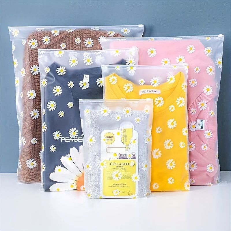 

5/10 Pack Daisy Patterned Frosted Zipper Storage Bags, Transparent Clothing Packaging Pouches, Portable Travel Organizing Bags