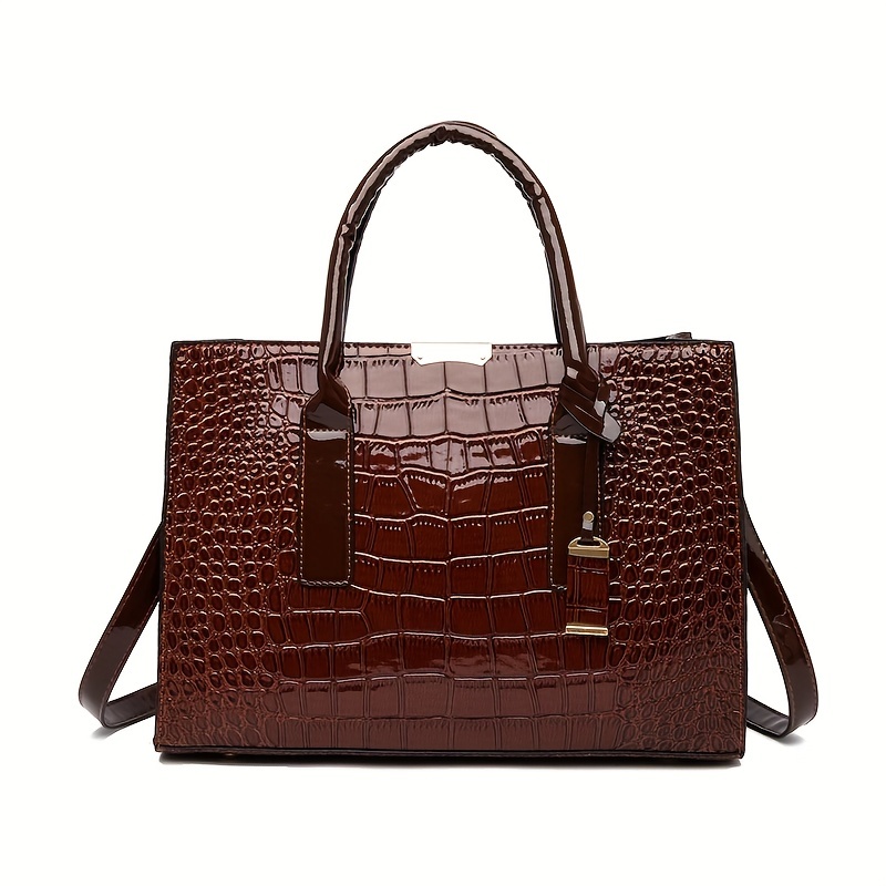 Elegant Crocodile Pattern Satchel Bag, Classic Solid Color