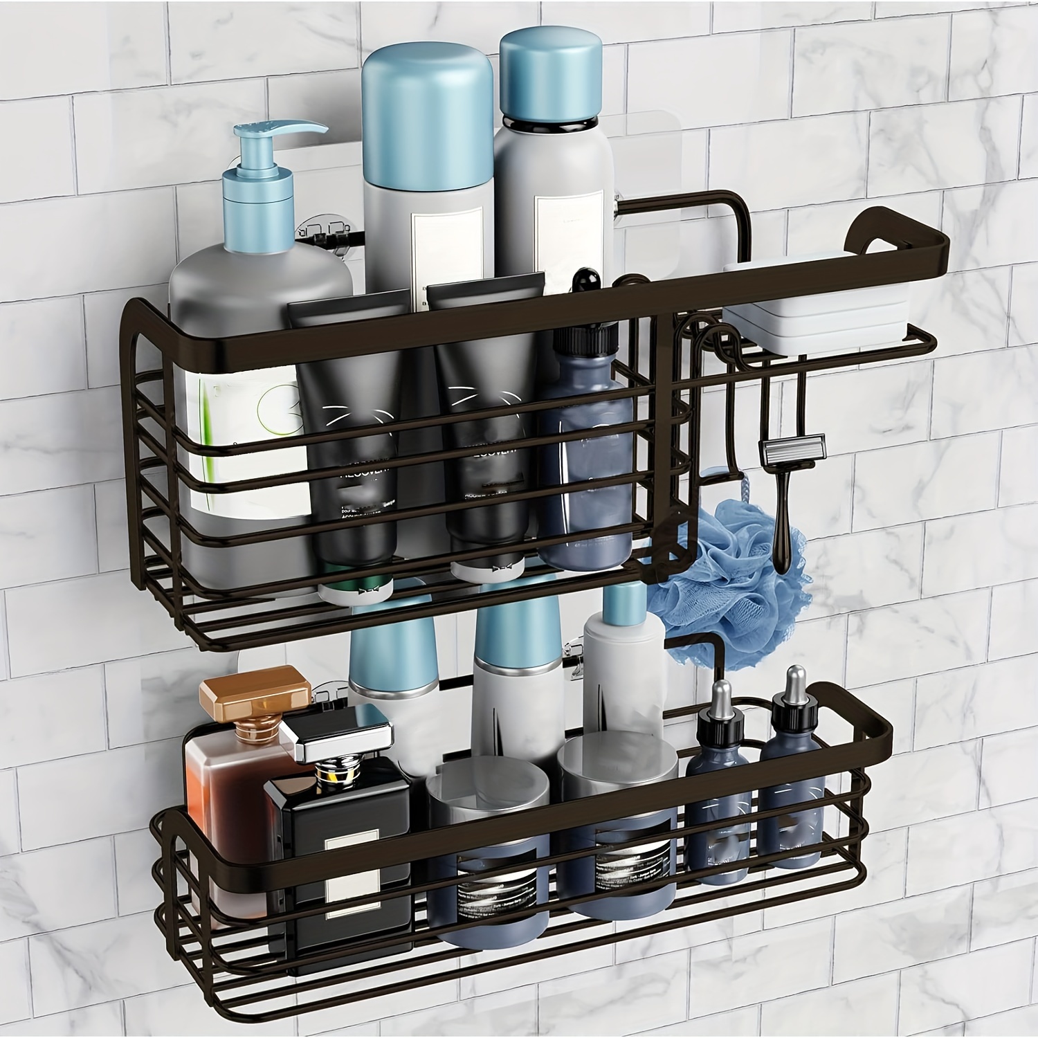 MORNITE Bathroom Organizer Mirror, Restroom Shelf Adhesive Wall Mount No Drilling Basket Rack Shelves Shower Caddy Blue