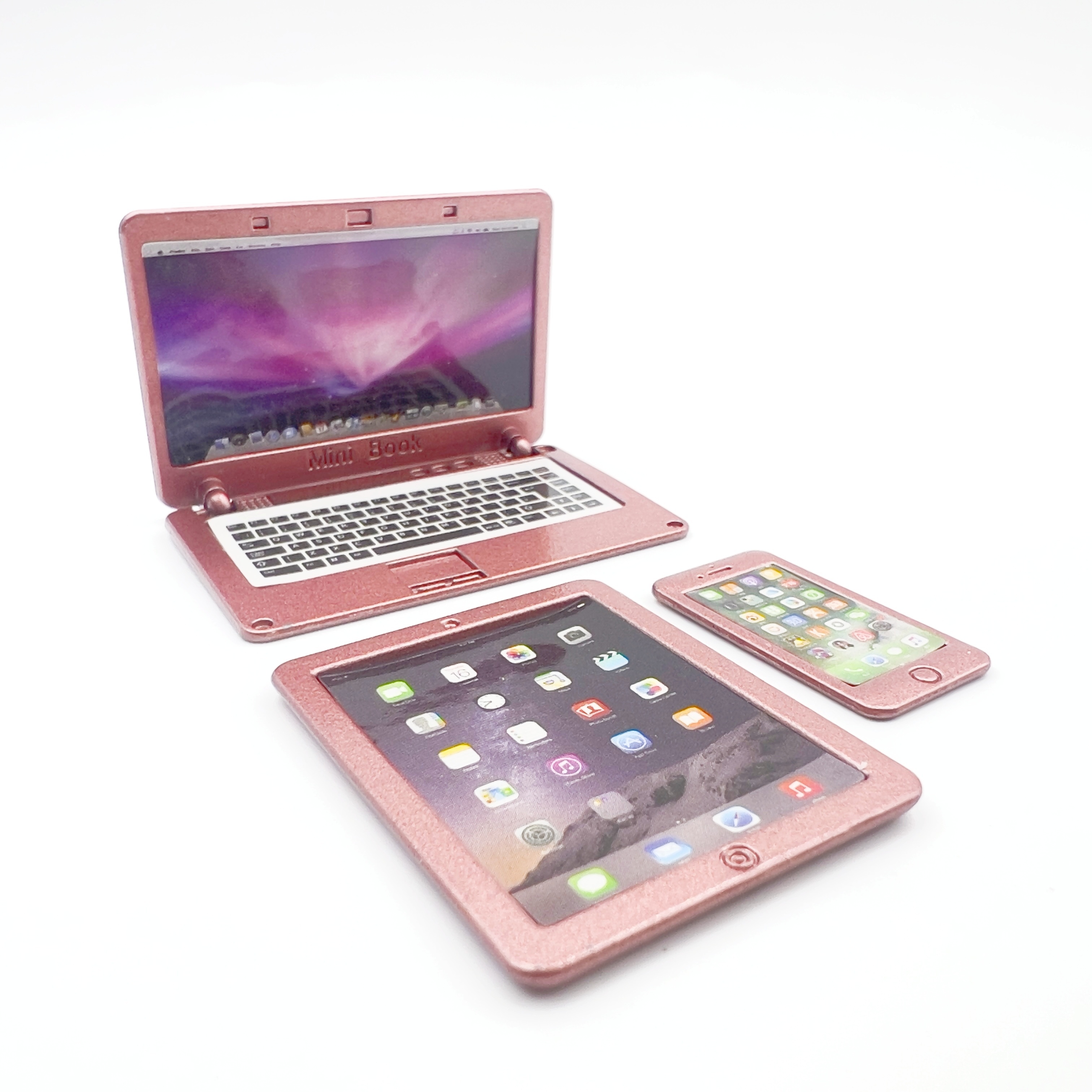 3pcs 1:12 Dollhouse Mini Laptops Set, Tablet Smartphone Scene Simulation  Accessories (rose Gold)