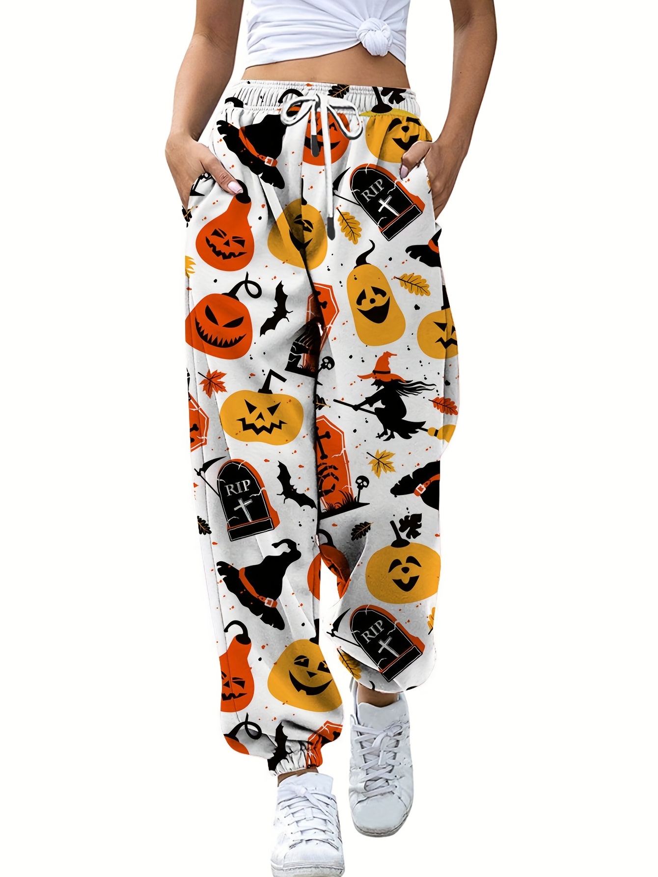 Pumpkin Print Halloween Pants Casual Drawstring Elastic - Temu Canada