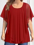 plus size elegant top womens plus solid layered mesh butterfly sleeve round neck shirt top