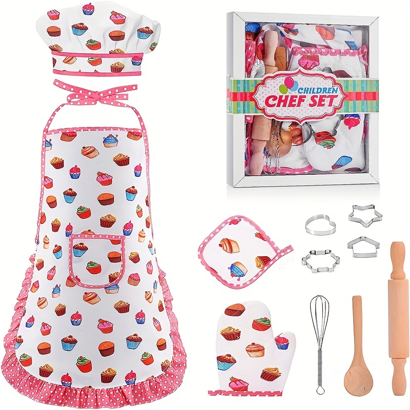 Kids Apron And Chef Hat,Toddler Apron For Girls Pretend Play Kids Cooking  Set Chef Costume For Kids Apron For Girl Christmas Gifts