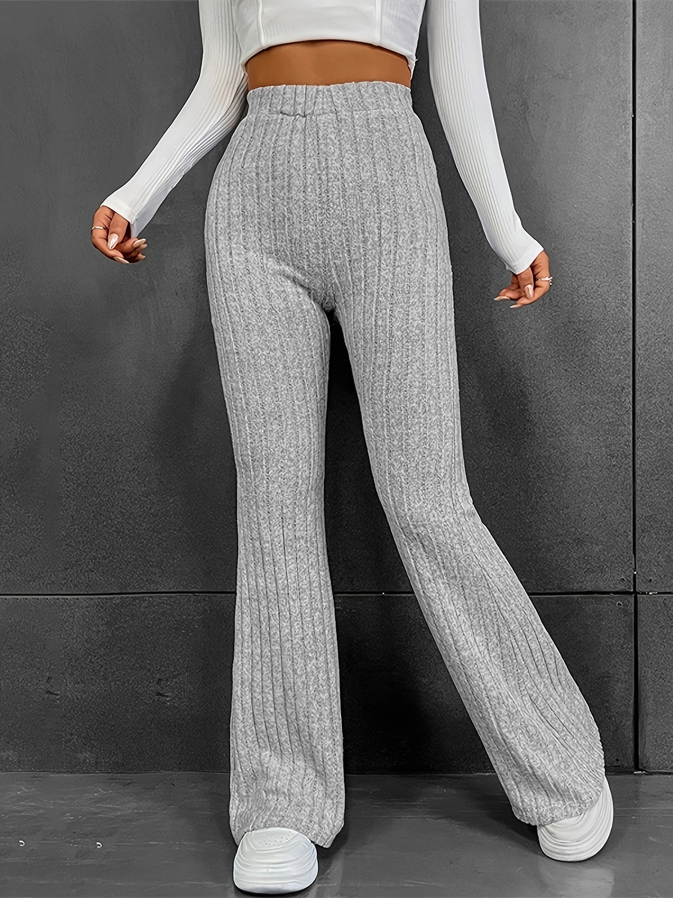 Solid Flare Leg Pants Elegant Slim Rib Knit Pants Women's - Temu