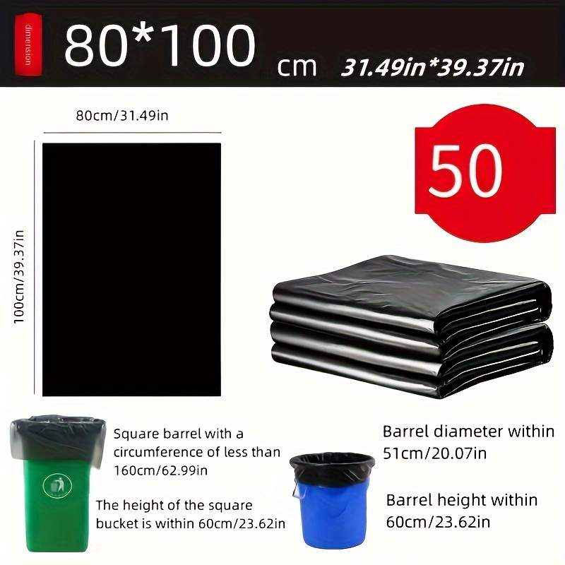 50pcs Big Garbage Bags Disposable Big Trash Bags Black Heavy Duty Liners  Strong Thick Rubbish Bags Bin Liners Outdoor