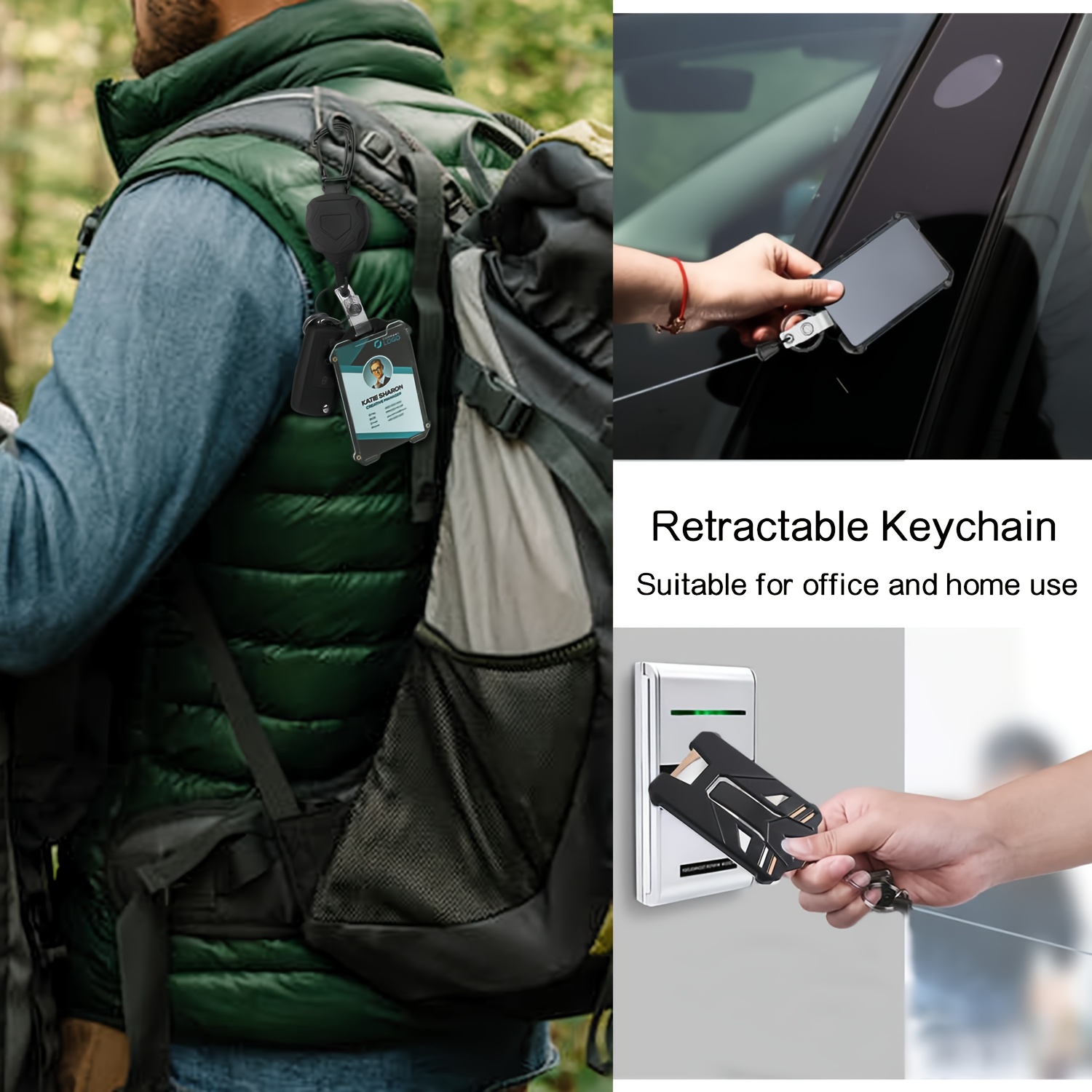 Retractable Keyring, Strong Heavy Duty Key Chain With Id Card Badge Strap,  Steel Belt Clips And 65cm Extending Steel Lanyard Reel, Durable Black Key R