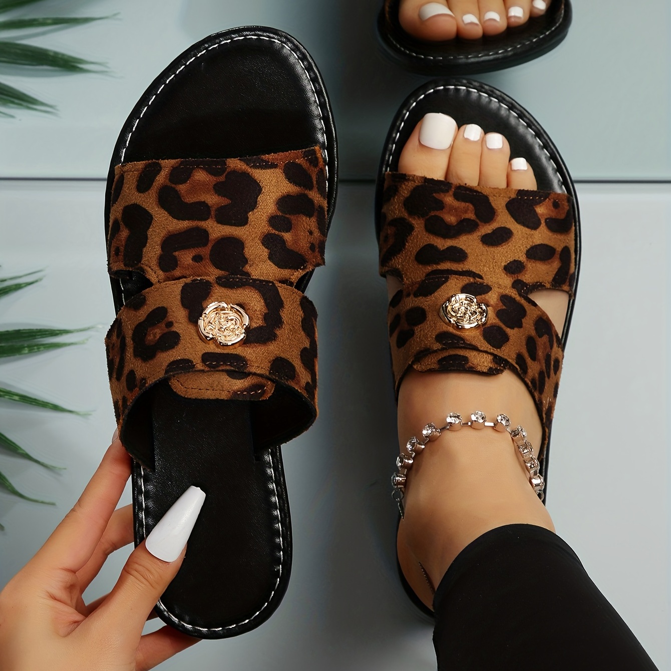 

Women's Leopard Print Slides, Fashion Open Round Toe Flat Slide Sandals, Casual Summer Beach Shoes