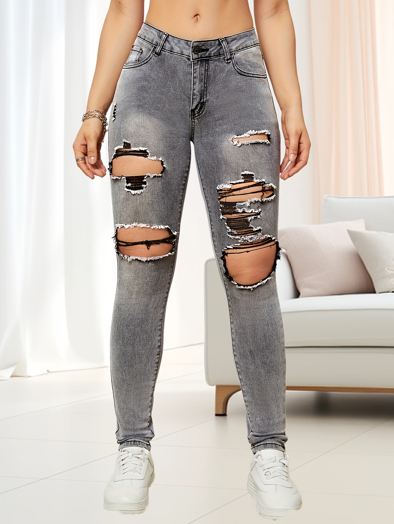Washed Grey Retro Flare Leg Jeans, High Stretch Slash Pocket Bootcut Denim  Pants, Women's Denim Jeans & Clothing
