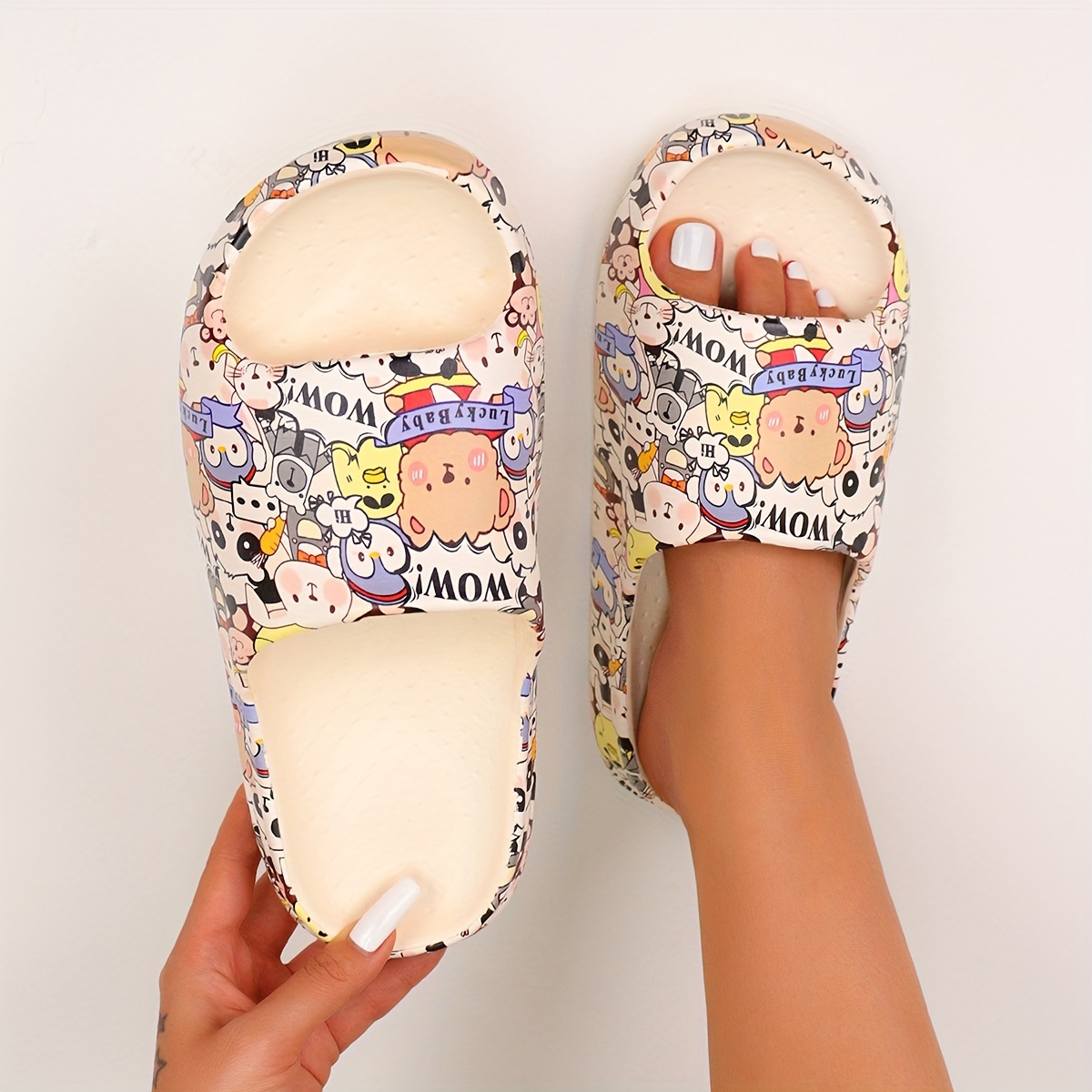 

Cartoon Pattern Pillow Slides, Slip On Soft Sole Platform Casual Slides, Lightweight Non-slip Summer Shoes